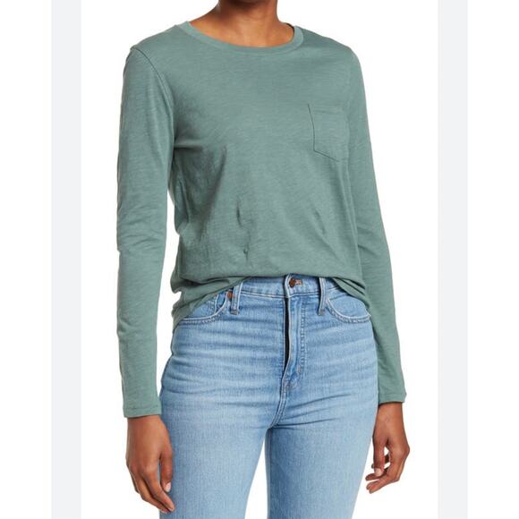 MADEWELL Long Sleeve Crewneck T-shirt In Meadow Green Lightweight L - Picture 1 of 4